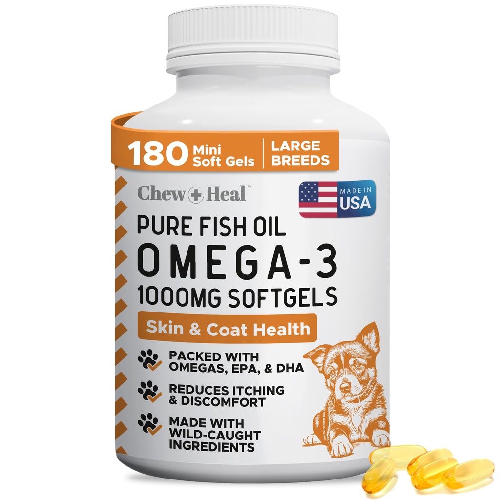 Wild Omega 3 ulei de pește pentru câini - 180 capsule Softgel pentru piele sănătoasă și haina - mari 1000 mg pastile de pește de pește pentru topire, piele uscată mâncărime, și pete fierbinți - Pet Omega Somon Supliment