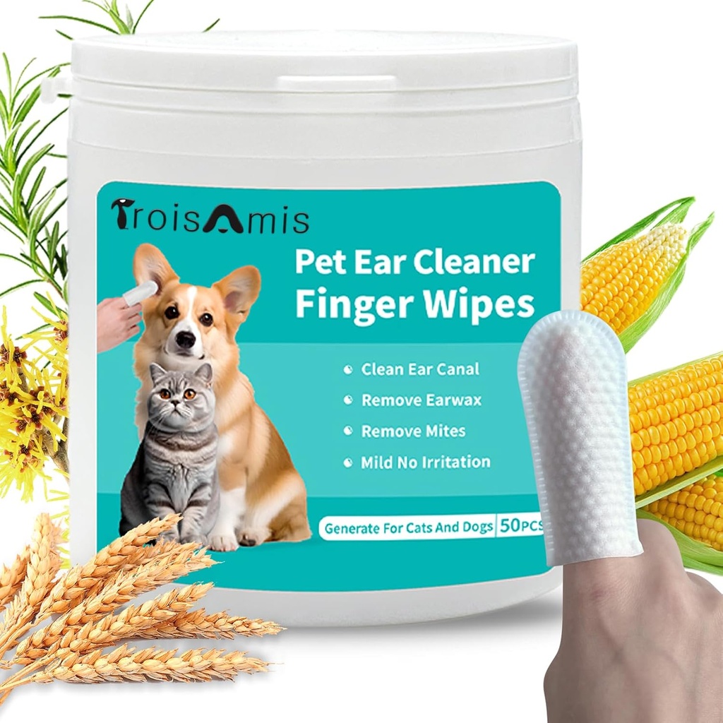 TroisAmis Pet Ureche Curățare Degete pentru câine și pisică, Ureche de câine gros Șervețele cu Ingredient blând și natural, Eliminați earwax, Debris-Sooth-Deodorize-Relieve Itch ureche & Inflamație-50 Conte