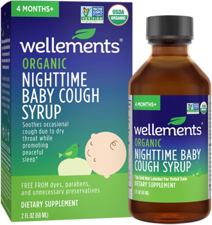 Wellements Organic Nighttime Baby Tuse Siropul de Tusea de Soothes Ocazional Tusea de Gât uscat În timp ce promovarea unui somn liniștit *, USDA Organic 2 Fl Oz, 4 luni.