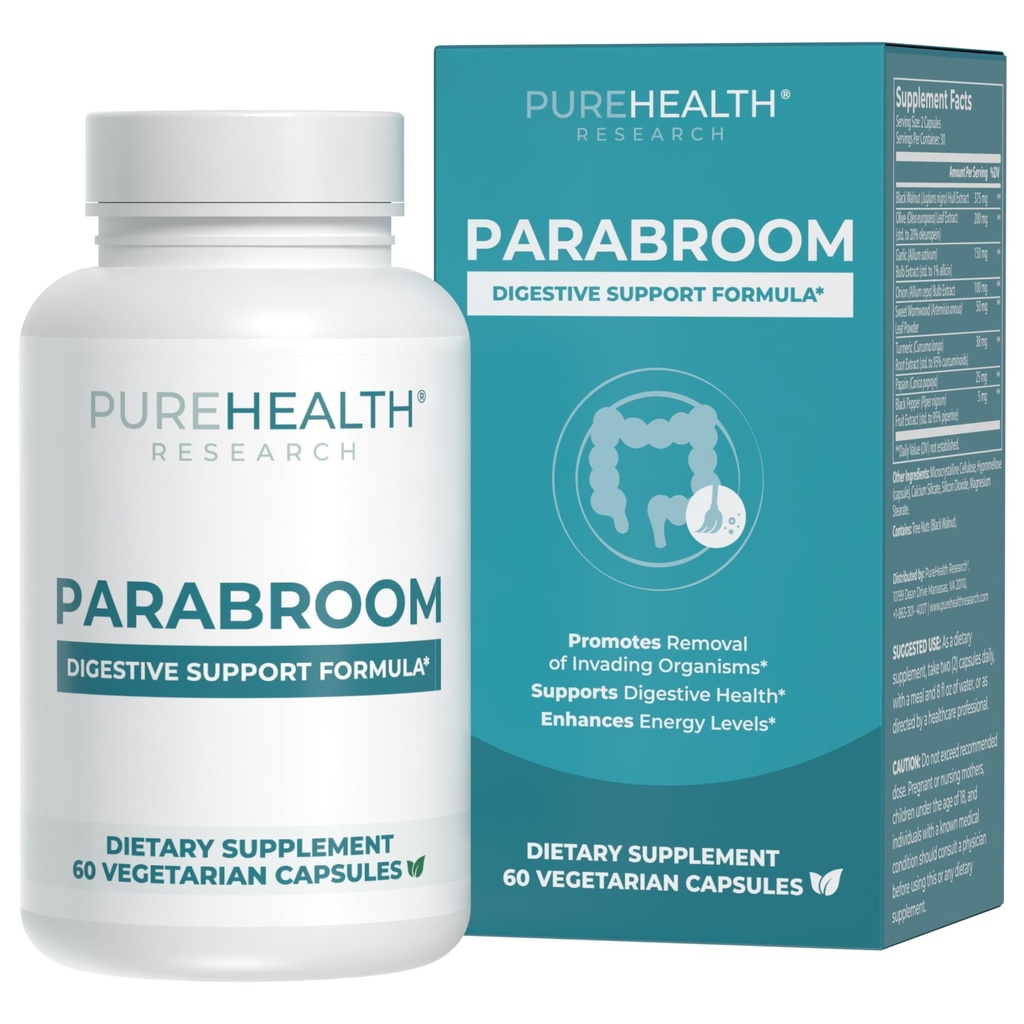 PUREHEALTH Research Parabroom - Gut Cleanse & Health Supplement - cu nuc negru, Sweet Wormwood Powder, Extract de turmeric, frunze de măsline, usturoi și ceapă - Suport digestiv pentru femei și bărbați 60 capsule