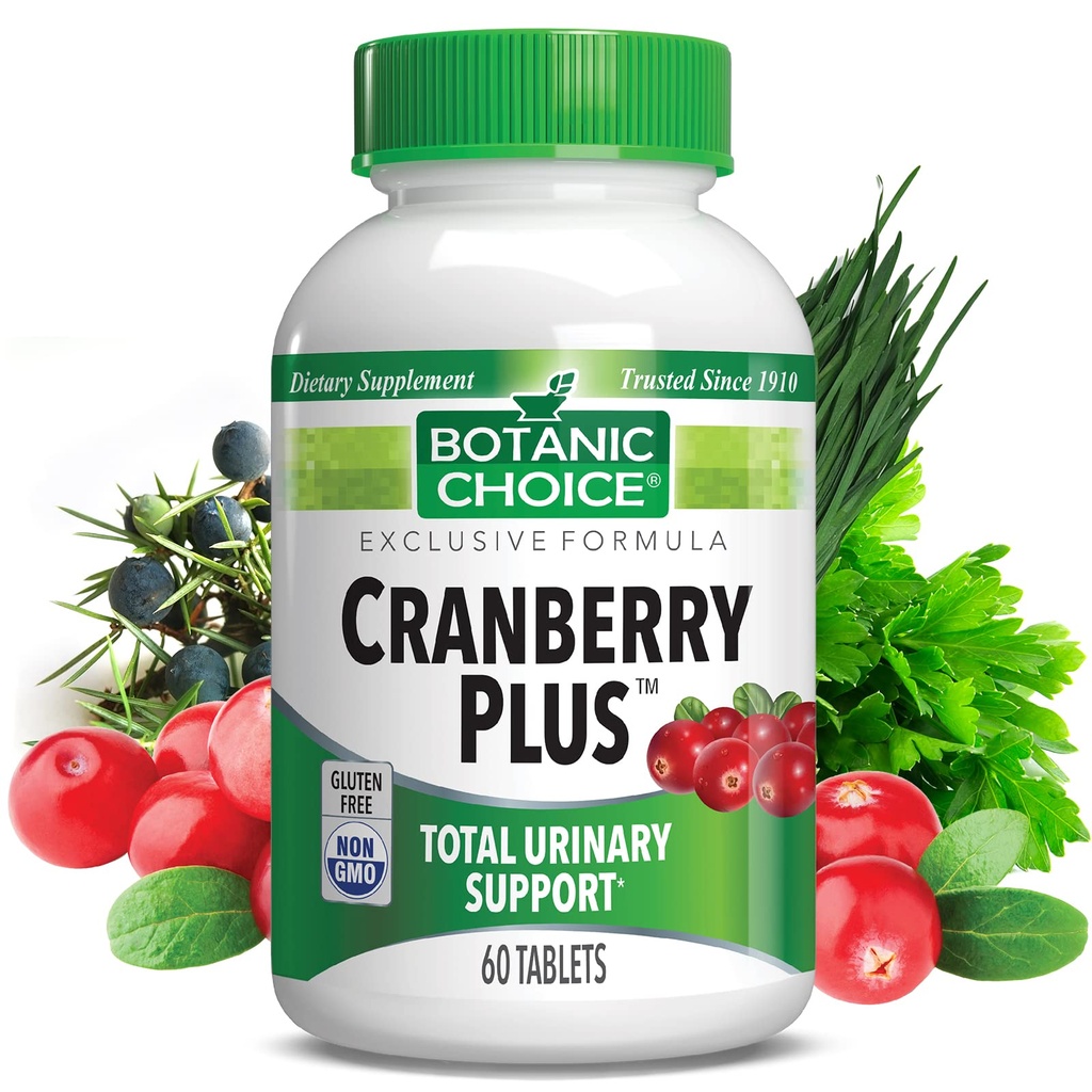 Alegerea botanică Cranberry Plus Total de sprijin urinar - tract urinar Sănătate pentru femei și bărbați cu concentrat de afine, Uva Ursi, Buchu, Calciu - 60 comprimate