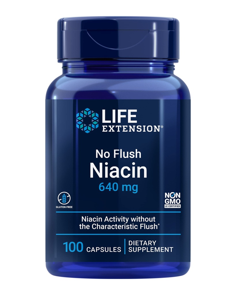 Extensie de viaţă Fără Flush Niacin, B3 pentru Heart Health, Cholesterol & Energy Support, Non-GMO, Gluten-Free, 100 capsule