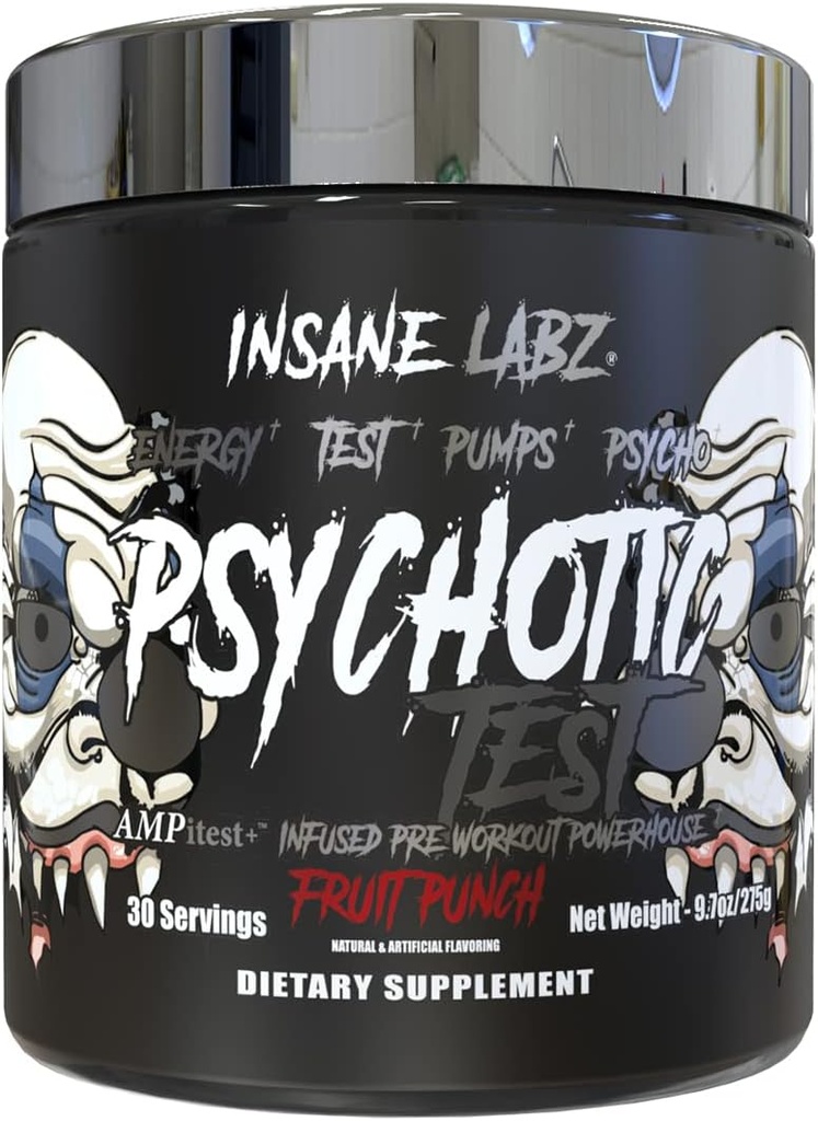 Insane Labz Test psihotic, High Stim Testosteron Energy and Pump Boosting Pre-Workout Powder with DMAE Bitartrate, D Aspartic Acid, Creatine HCL and Glicerol Monostearate, 30 Servings, Fruit Punch