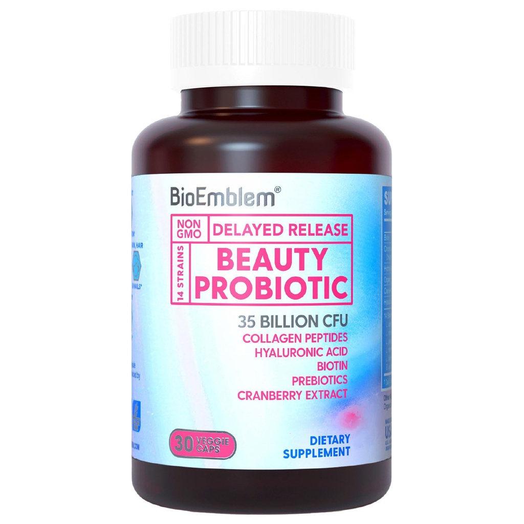 BioEmblem Beauty Probiotice pentru femei, 35 Miliarde CFU 14 Tulpini cu Biotin, Colagen, Prebiotice pentru Digestive Health, Hair Skin and Nails, Vaginal Probiotics Supliment, Perioada de valabilitate Stabil, 30 Caps