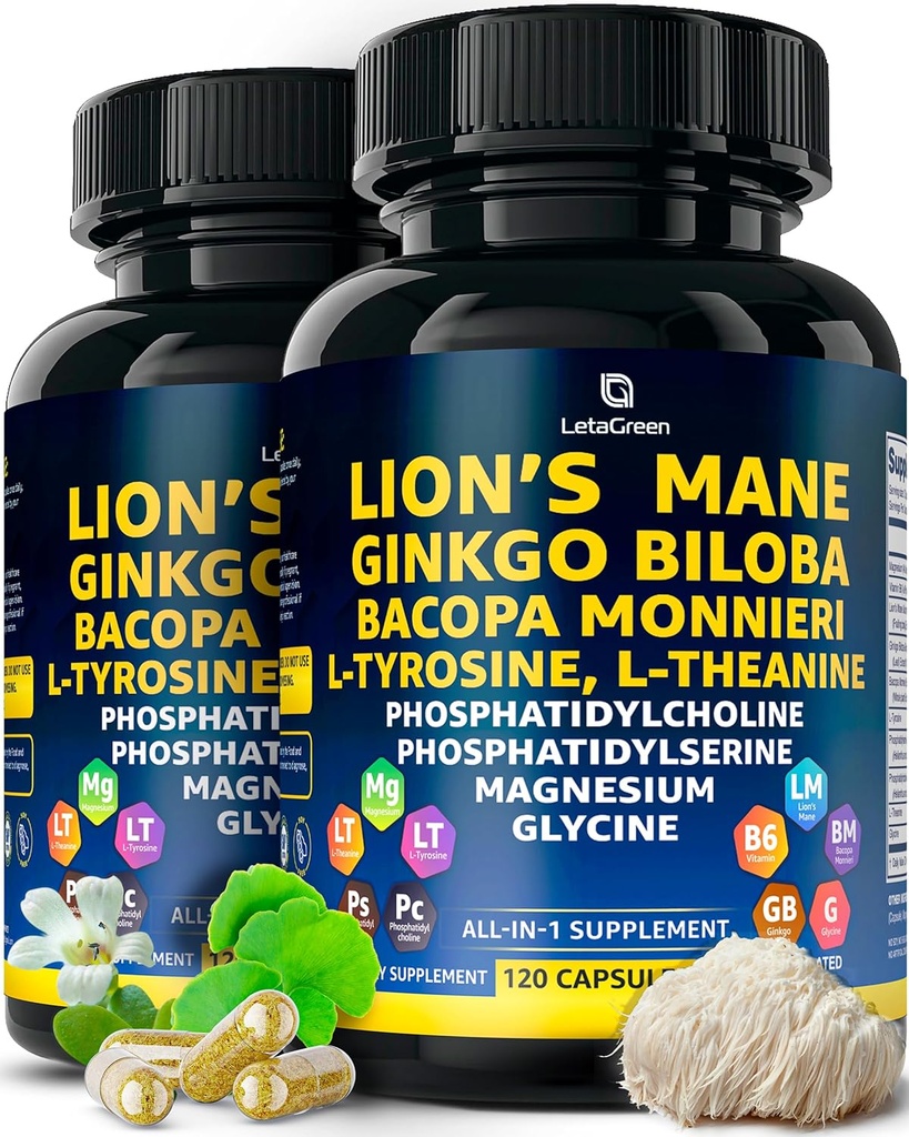 Pastile cu coamă organică - 240 capsule cu coamă de ciuperci reale cu Ginkgo Biloba Herb, Bacopa Monnieri, L Theanine, L Tyrosine - Complex cu ciuperci pentru wellness zilnic