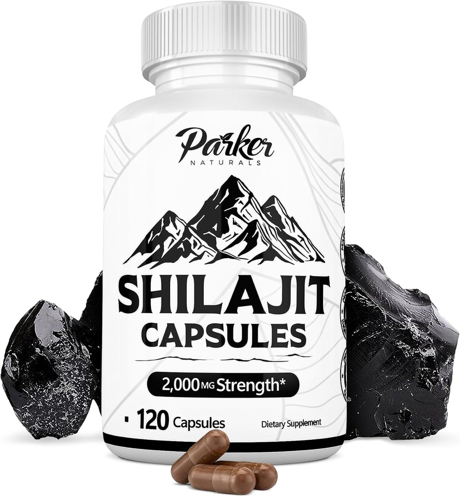 Parker Naturals Capsule pure Himalayan Shilajit, 2000 mg Rezistenţă Shilajit Resin şi supliment de acid furnal, Capsule Vegane şi Gluten-Free, 120 Conte