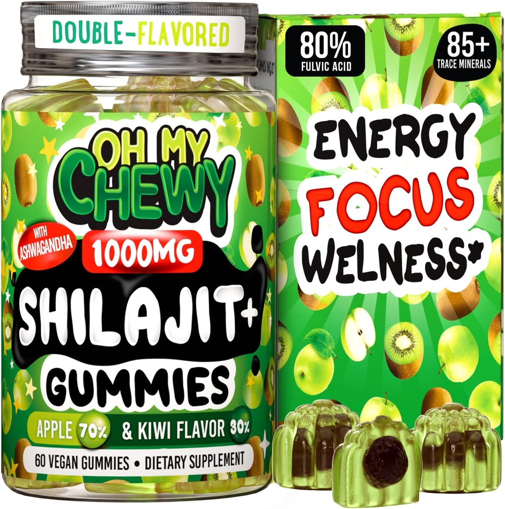 Pure Himalayan Shilajit Gummies - Resin grad de aur de mare potențial - Boost de energie și sprijin imunitar pentru bărbați și femei cu Ashwagandha și Shatavari - Apple & Kiwi