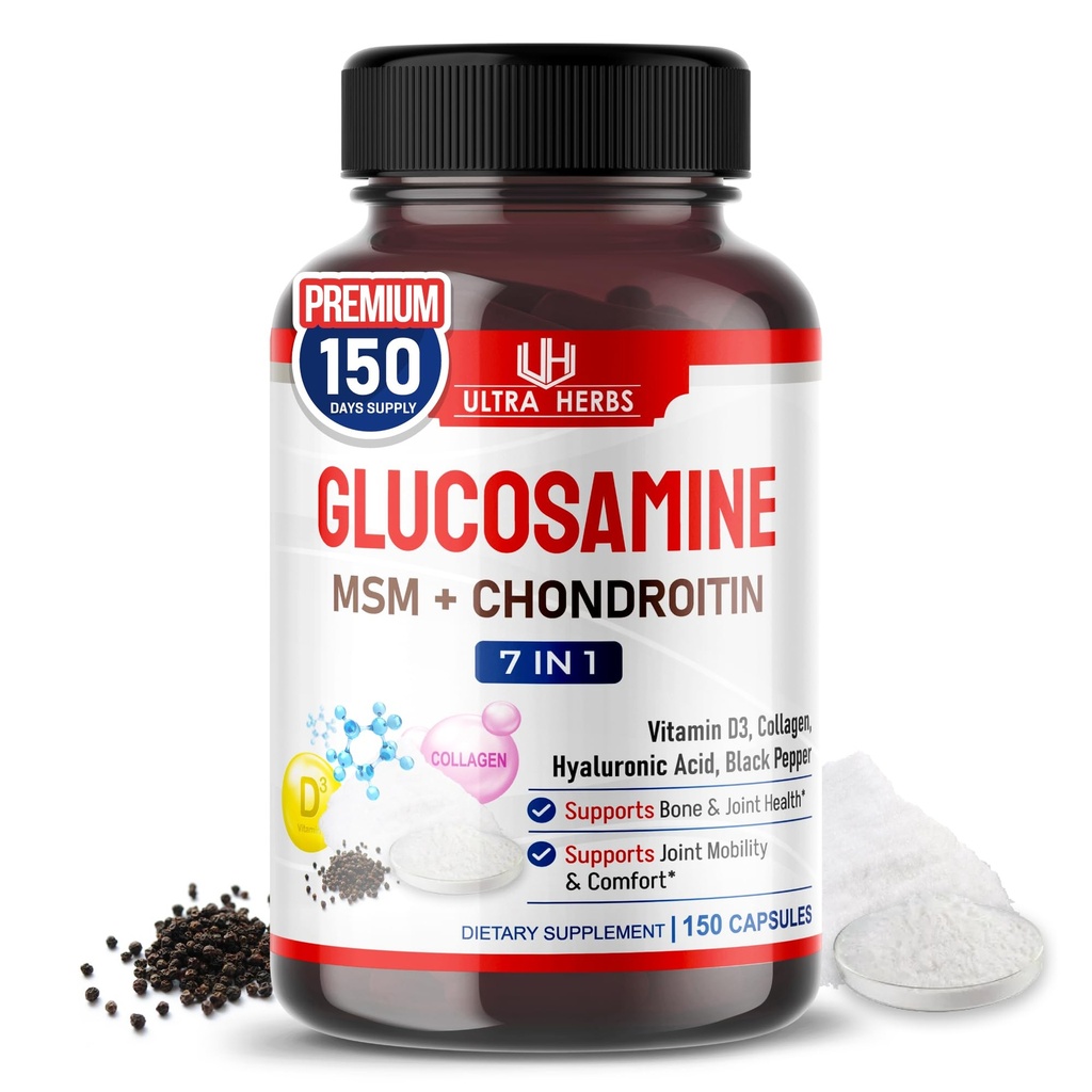 Glucosamină Chondroitin MSM - Supliment comun de sprijin pentru mobilitate îmbunătățit cu colagen, acid hialuronic, vitamina D3 