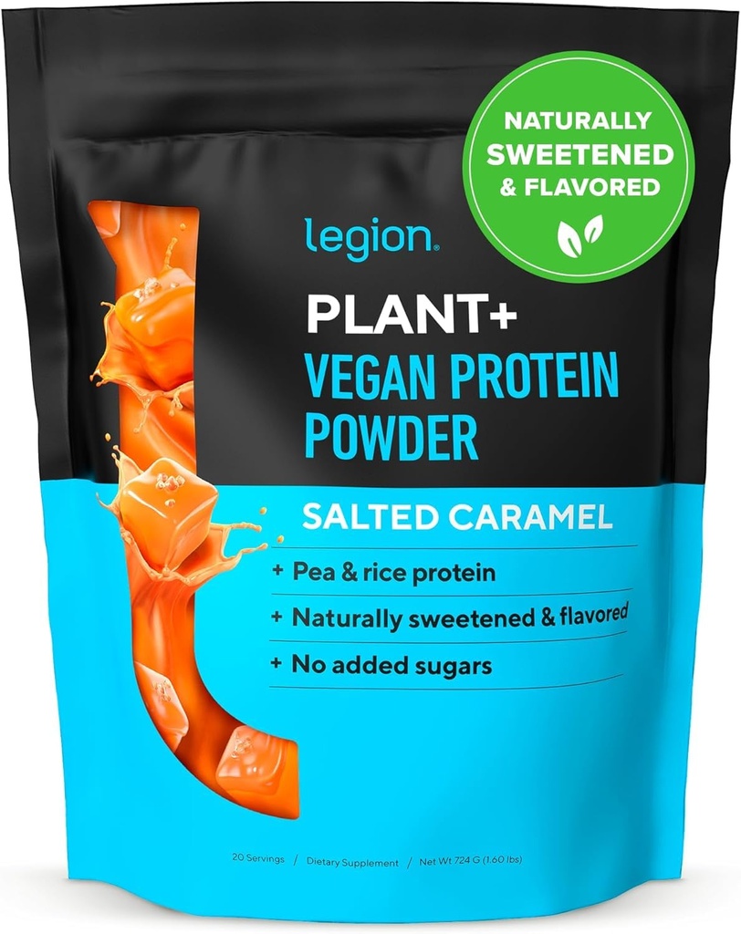 LEGION Plant+ Vegan Proteine Powder, Rice and Pea, Plant based Proteine Blend. Fără gluten, fără OMG-uri, îndulcite natural și aromatizate, 20 de serviri, 2 Lbs (Caramel conservat)