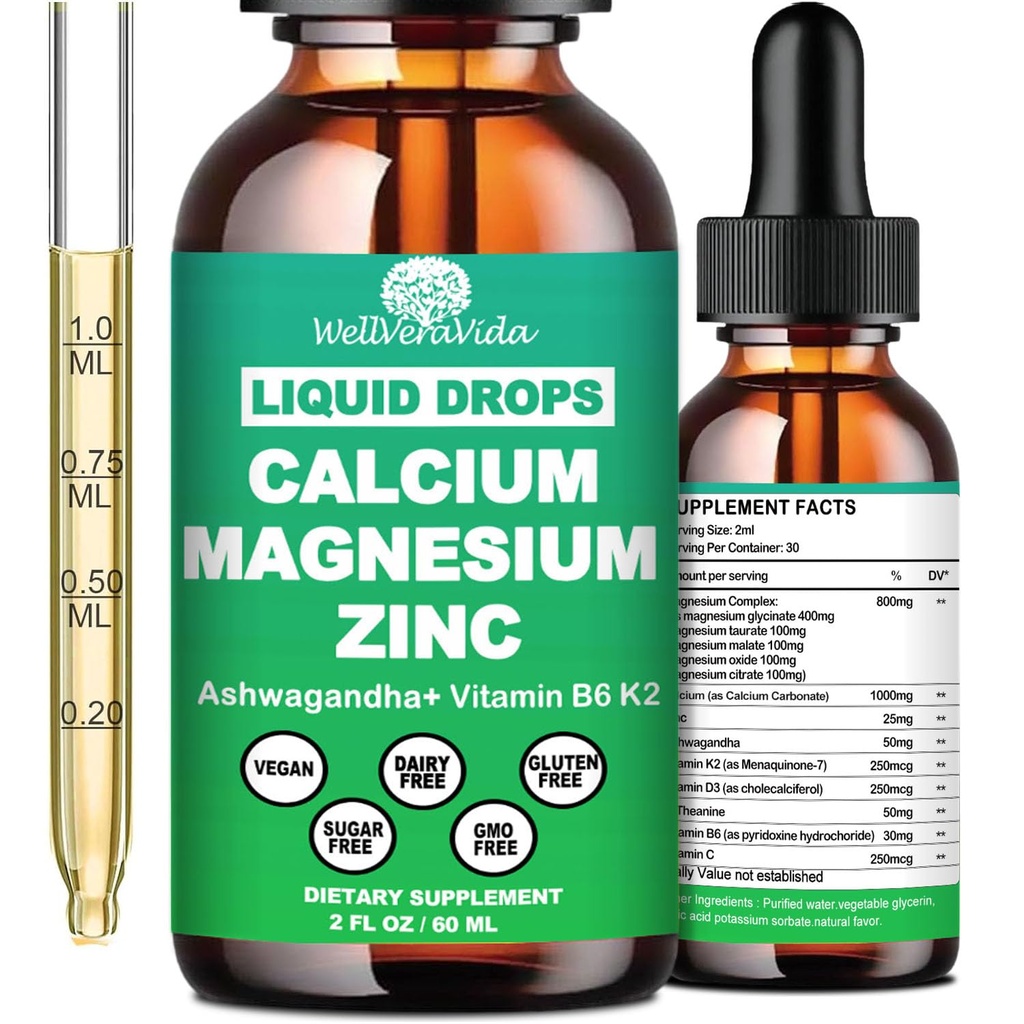 Calciu Magneziu Drops lichid de zinc cu vitamina D3 K2, supliment de calciu de mare potențial Magneziu w/complex Magneziu, zinc, Theanine