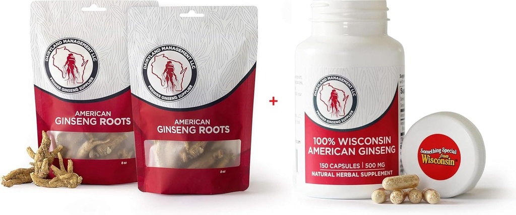 Dairyland American Ginseng Roots 16 oz şi capsule 150 ct Pachet de Wisconsin Ginseng 