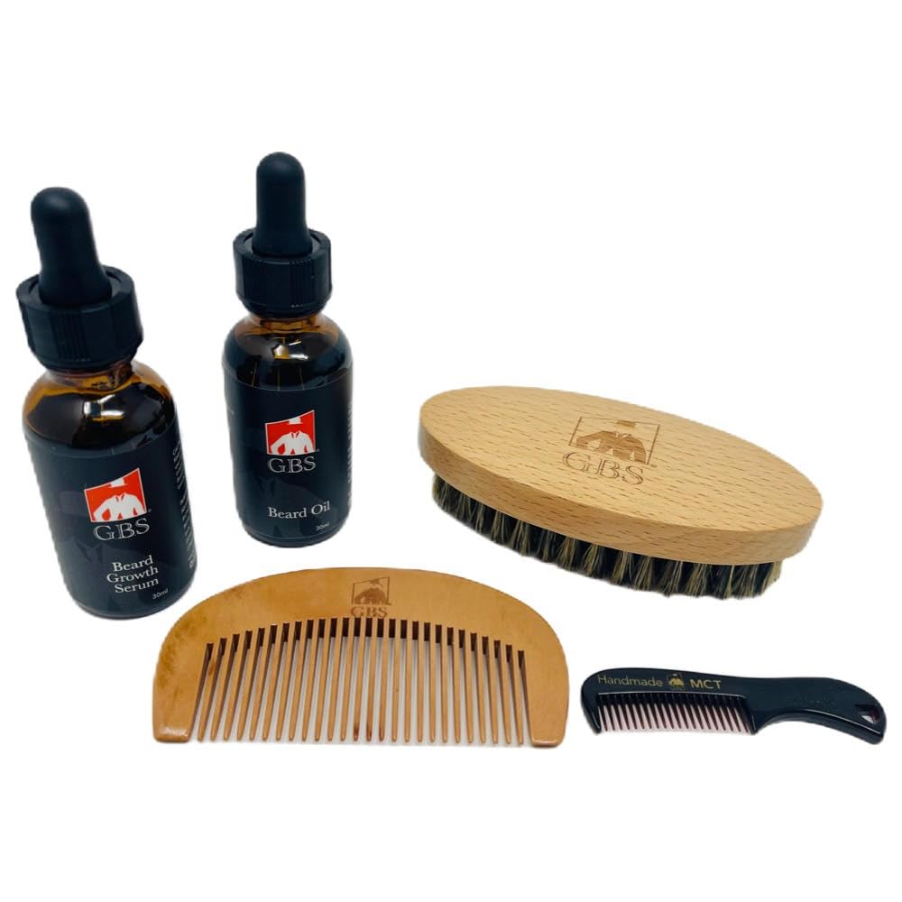 G.B.S Tot setul natural de înrobiri cu barbă - include pieptene cu barbă de lemn, perie cu barbă de călătorie și pieptene cu mustață - Perfect pentru orice textură de păr