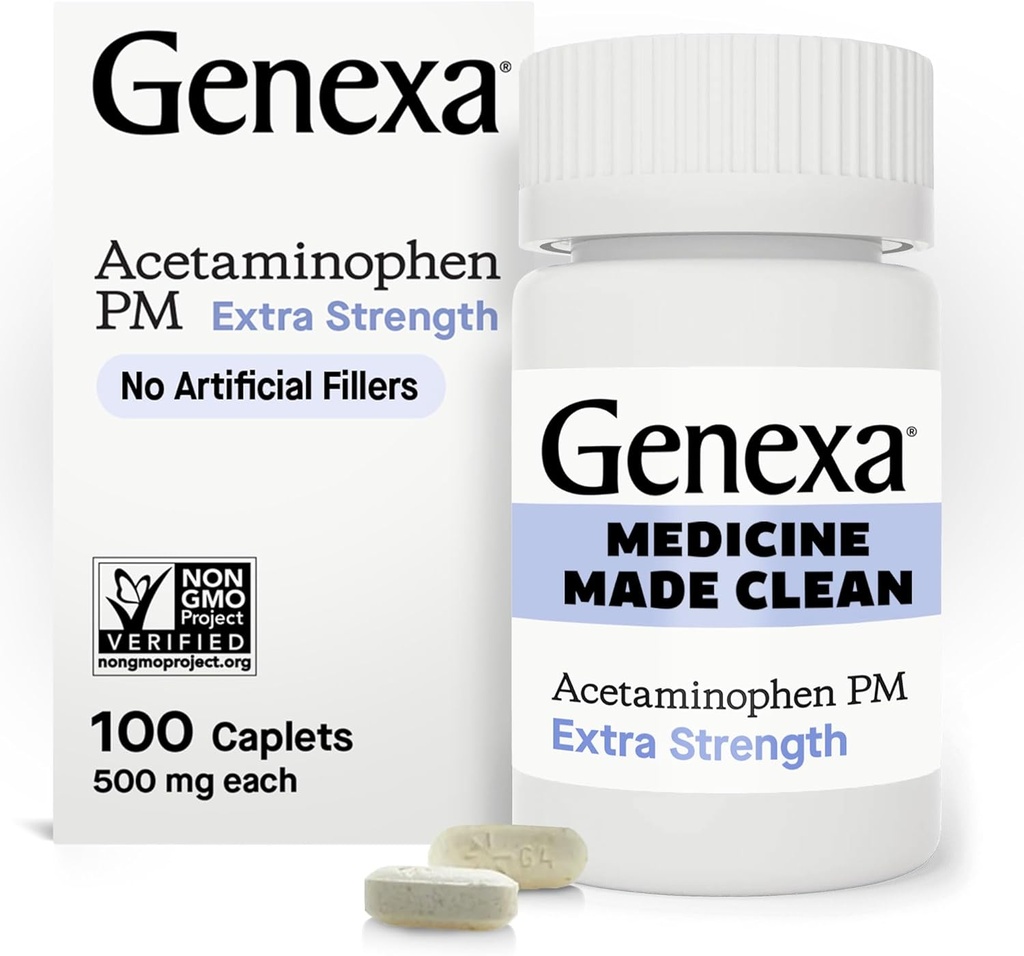 Genexa Clean Acetaminofen PM 500mg Extra Putere, Die Durere Liberă Relieiver, Ajutor de somn pe timp de noapte, Reducator de febră, 0% Aditivi artificiali, Relieves Dureri de cap, Dureri de spate, Artrită Minoră Durere, 100 comprimate