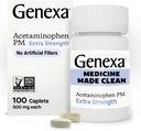 Genexa Clean Acetaminofen PM 500mg Extra Putere, Die Durere Liberă Relieiver, Ajutor de somn pe timp de noapte, Reducator de febră, 0% Aditivi artificiali, Relieves Dureri de cap, Dureri de spate, Artrită Minoră Durere, 100 comprimate