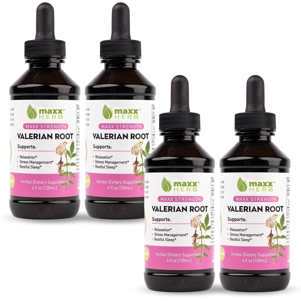 Extract de rădăcină valeriană Maxx Herb - Putere maximă, Absorburi de rădăcini valeriene lichide Mai bune decât capsulele, pentru relaxare și somn odihnitor, Alcool gratuit - 4 sticle, 4 Oz Each (240 Serviri)