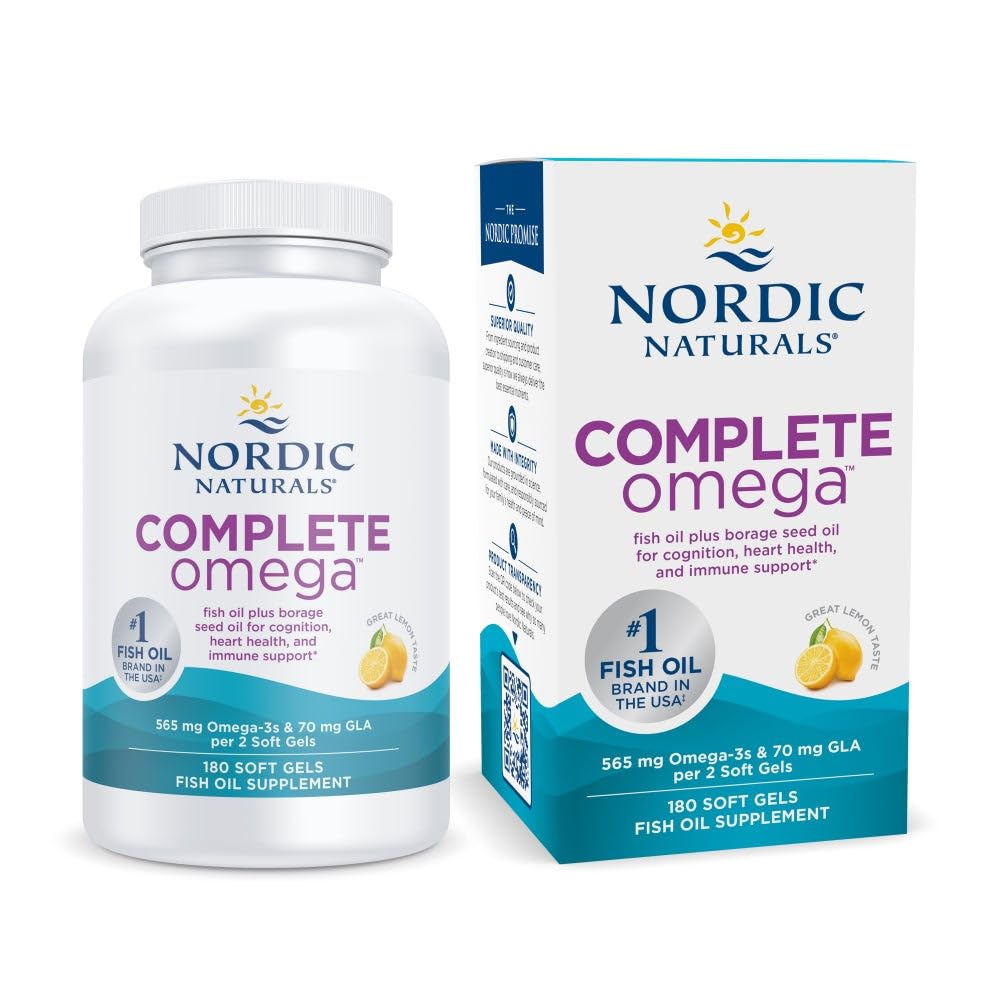 Nordic Naturals Complete Omega, Lemon Flavor - 180 Soft Gels - 565 mg Omega-3 - EPA & DHA cu Adăugat GLA - Piele Sanatos, Cognition, & pozitiv Mood - Non-GMO - 90 Serviri