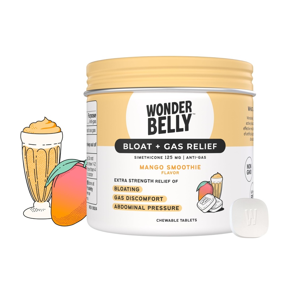 Wonderbelly Bloat Gas Relief Extra Putere Tablete masticabile cu 125 mg Simethicone No Talc sau Die Mango Smoothie 35 Count