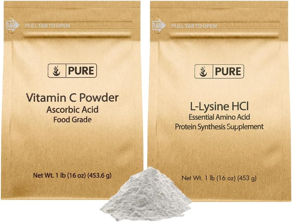 INGREDIENTE ORIGINALE L-Lysine HCI și Vitamn C Powder Bundle, 1 lb Fiecare, non-GMO, Gluten gratuit, Suplimente dietetice