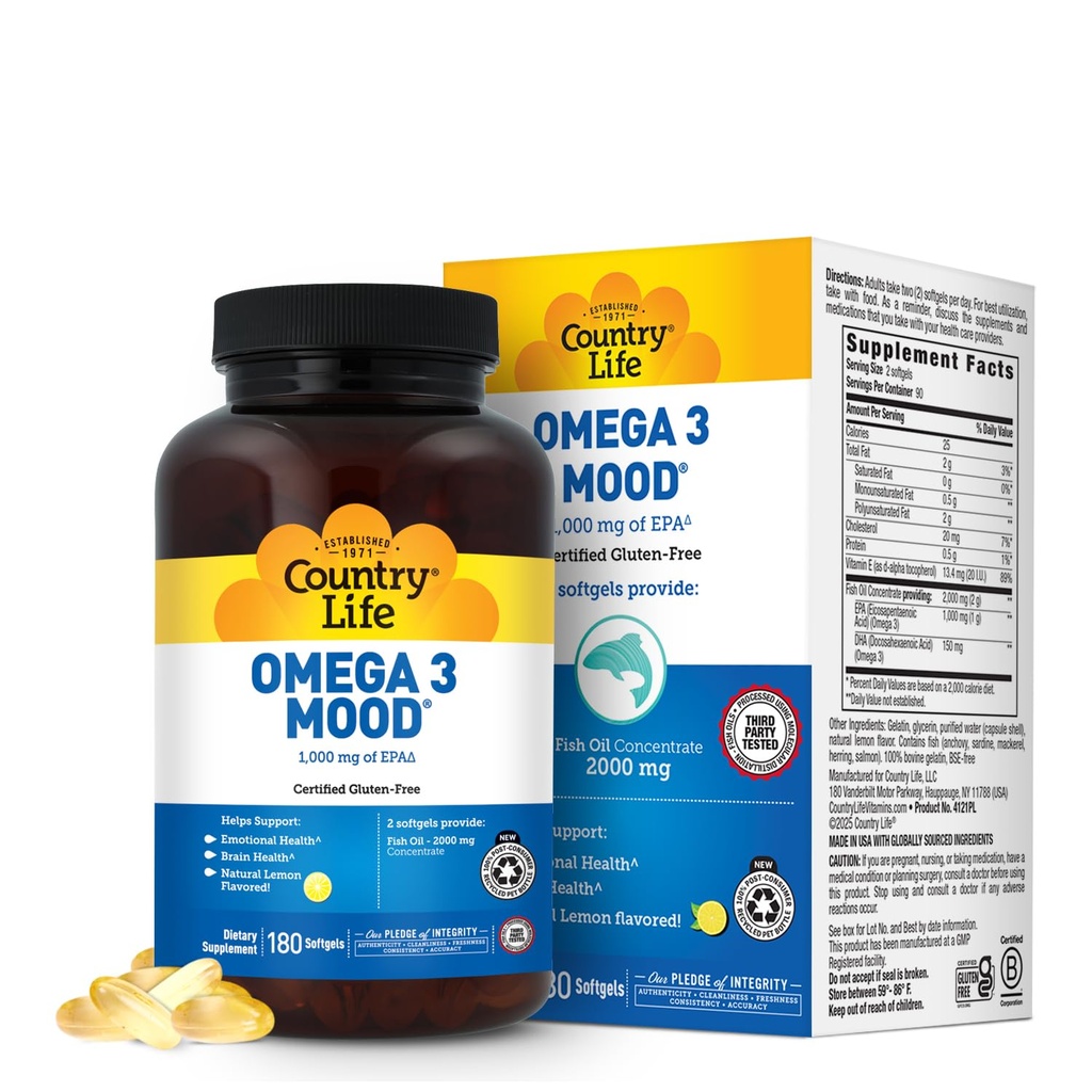 Tara de viata Omega 3 Suplimentul de ulei de pește - Concentrație ridicată EPA și DHA Omega 3 Acidi grasi - 2000mg ulei de pește pentru sănătate emoțională, suport mood, și fără gust de pește - aroma de lamaie naturale