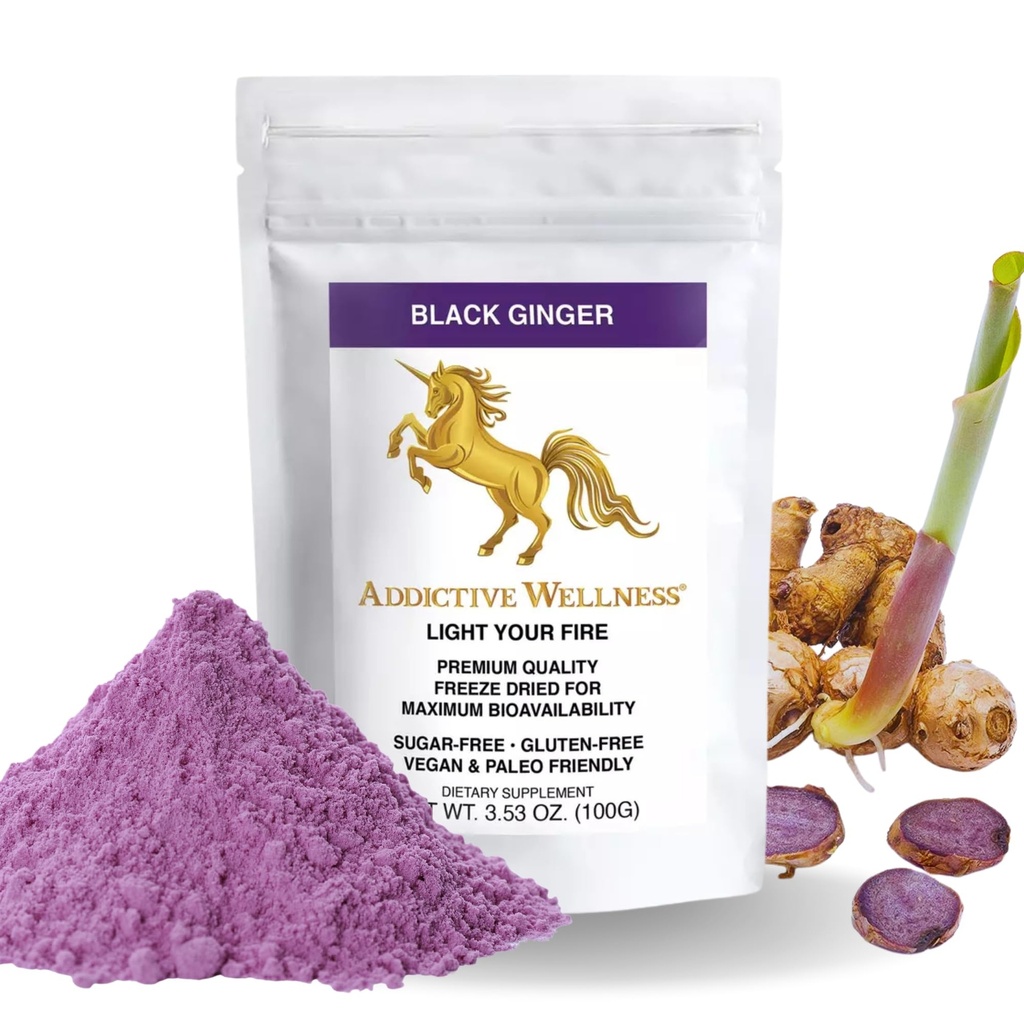 Wellness Addictive Thai Black Ginger pentru bărbaţi, Thai Black Ginger Supliment pentru a sprijini metabolismul energetic, rezistenţă & performanţă, Freeze Black Ginger pulbere, 100 Grams, Vegan & Paleo