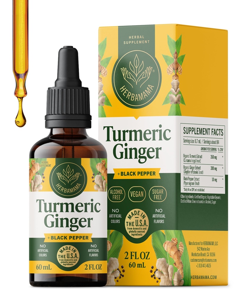 HERBAMAMA Curcumin Turmeric și Suplimentul Ginger - Vegan Immune Blend cu rădăcină de ghimbir lichid, Extract de ardei iute și negru - non-GMO, picături de imunitate fără alcool și zahăr