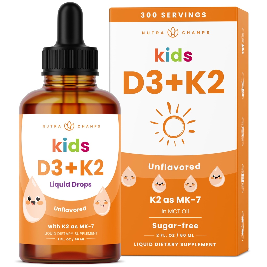 NutraChamps Kids Vitamina D 3 K2 picături, vitamina D3 & K2 MK-7, vitamina D lichidă pentru copii 1000 UI, oase sănătoase, inimă și sistem imunitar, Supliment fără zahăr pentru copii mici, 300 Serviri