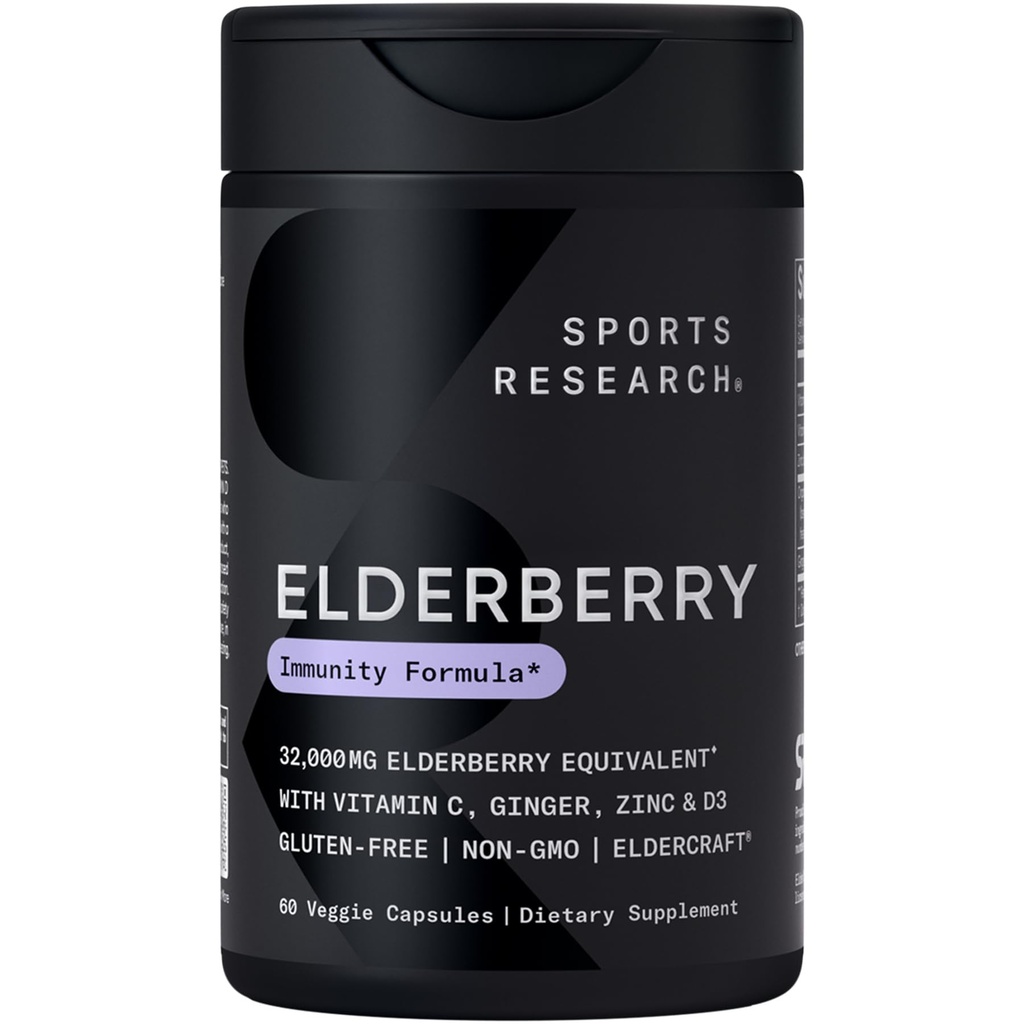 Cercetare sportivă Black Elderberry cu zinc, vitamina C, & vitamina D, supliment de sprijin imun pentru adulți, 60 capsule