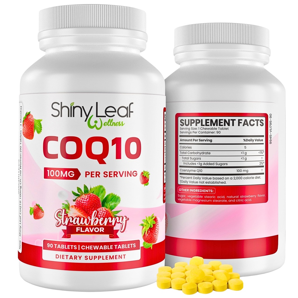 Shiny Leaf CoQ10 100mg - Chewable CoQ10 Supliment - Coenzima Q10 pentru Heart Health & Energy - Natural Co Q 10 Supliment pentru Cardiovascular Wellness - 100 mg Tablete masticabile, 90 comprimate, Made in USA