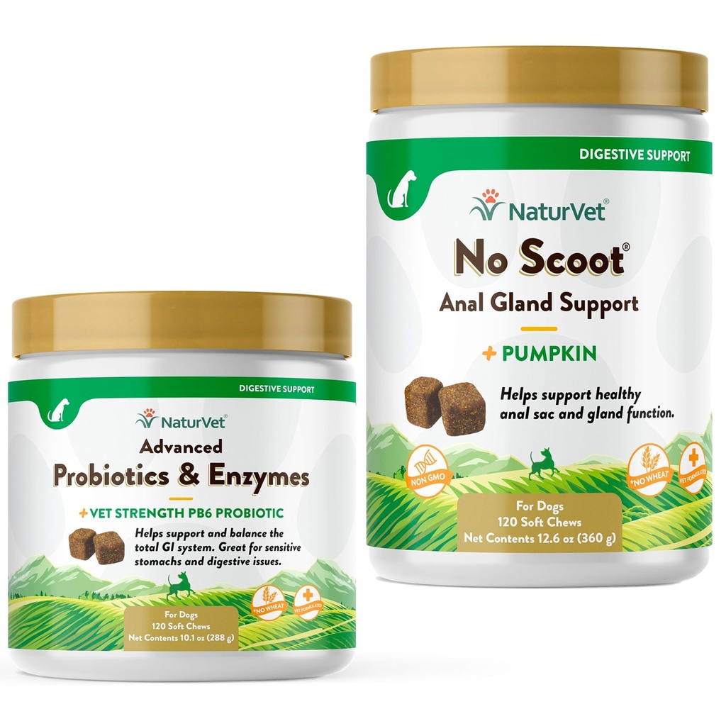 NaturVet Probiotice avansate, Enzime sănătoase și PB6 Supliment probiotic pentru câini Stomac, 120 Chews Soft & No Scoot pentru câini - 120 Chews Soft - Suporturi Sanatos Anal Gland și funcția Bowel