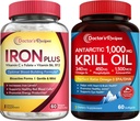 Rețete de medic Bisglicinat de fier și ulei de krill Bundle, suport pentru sânge și energie, suport comun, creier și ochi de sănătate, nr Gluten, Probiotice (60 capsule) și ulei de krill (60 Softgels)