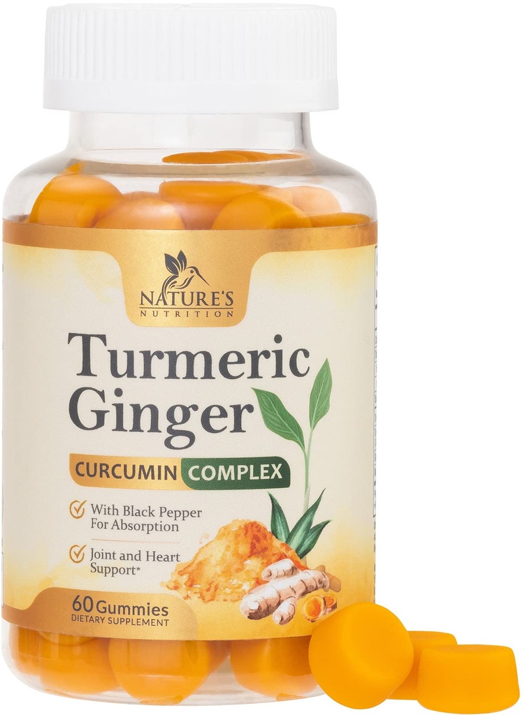 Curcumina turmerica Supliment Gumiile - 95% Curcuminoide cu Turmeric & Ginger, Pepper negru pentru cea mai bună absorbţie, Nature's Vegan Joint Support, Non-GMO, Gluten Free, Tasty Peach Flavoare - 60 Gummies