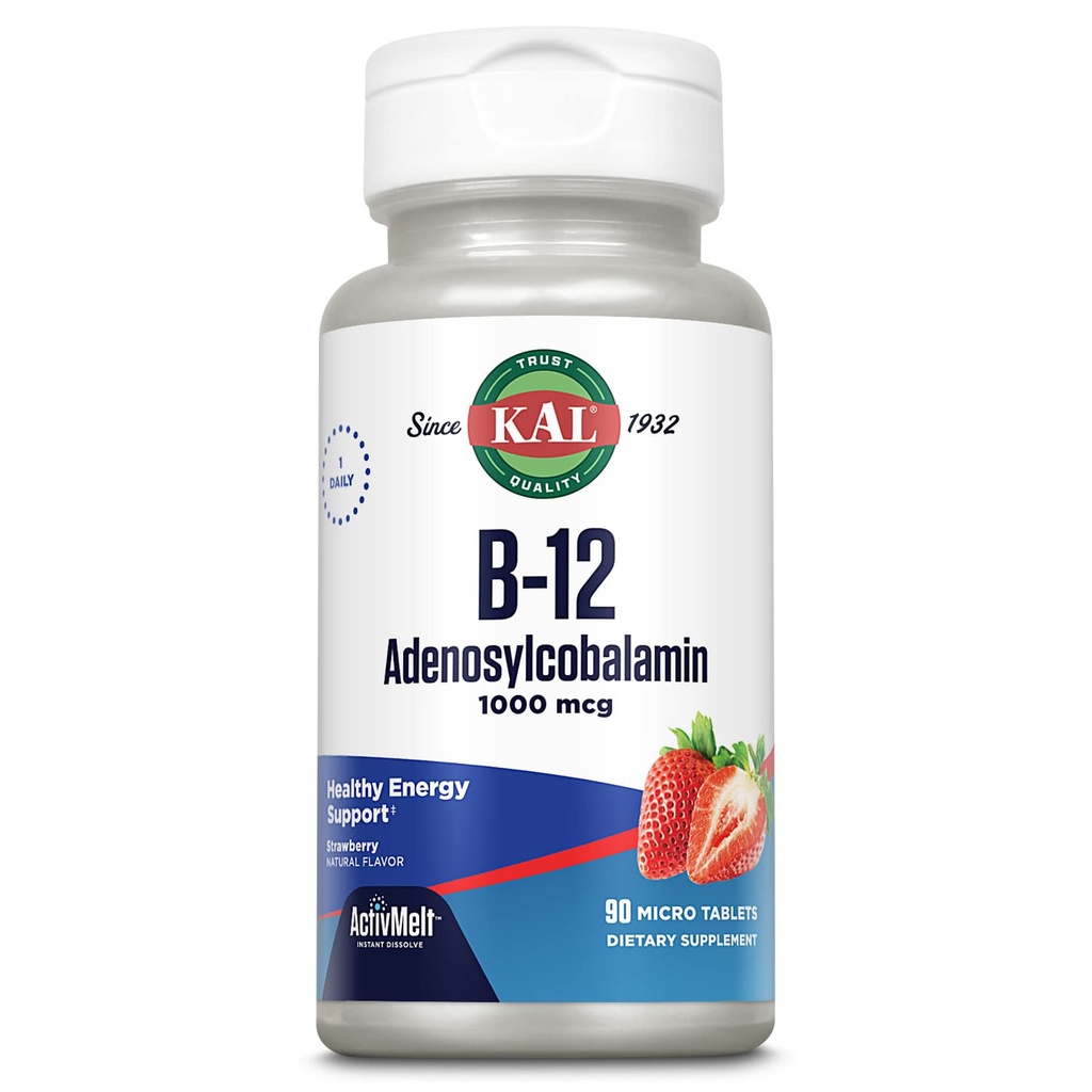 KAL Vitamina B12 Adenosylcobalamină 1000 mcg - B 12 Vitamină, Active B-12 1000mcg pentru femei și bărbați, suport energetic - aromă de căpșuni - 90 ActiveMelt Micro Tablete