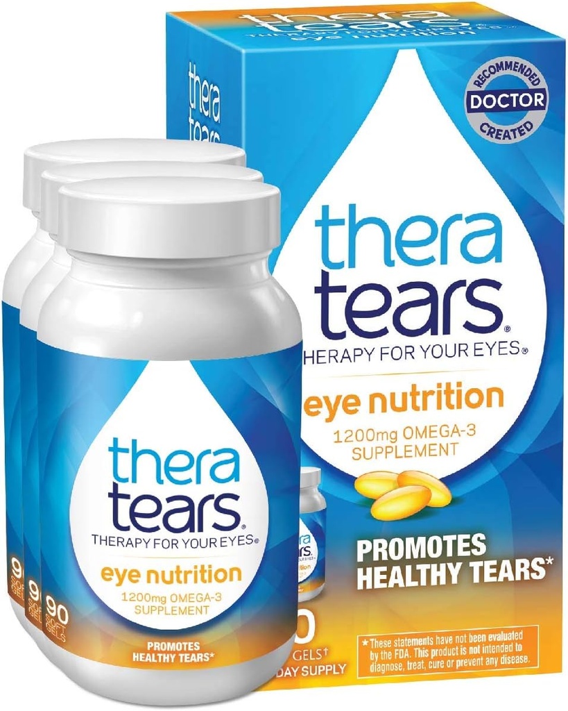 TheraTears 1200mg Omega 3 Supliment pentru Nutritie Ochi, Seminte organice Trigliceride Ulei de pește și vitamina E, 90 Conte (Pachet de 3)