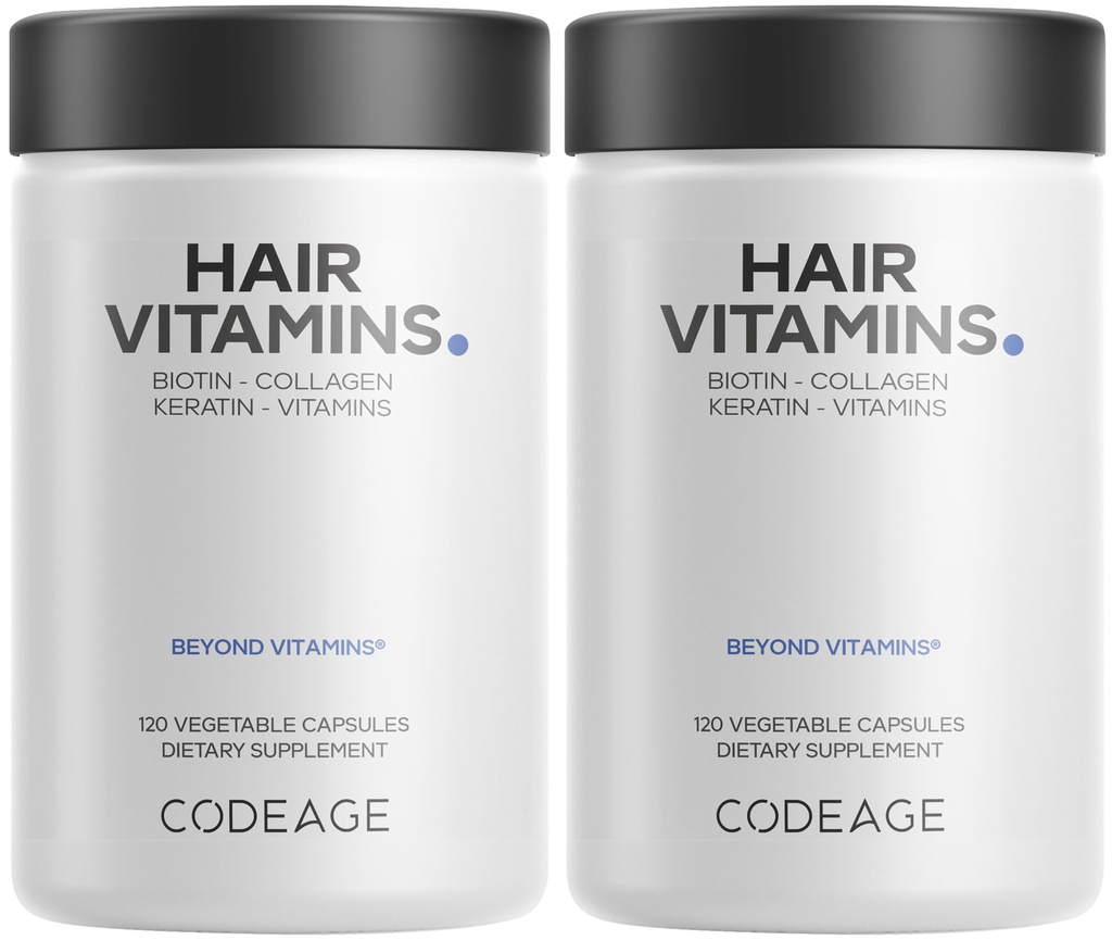 Codaj Vitamine de par 10000 mcg Biotina, Keratina, Colagen, Vitamina A, B12, C, D3, E, Zinc, Turmeric, Probiotice, Enzime, Inozitol - Suport pentru ingrijirea parului - suplimente de par sanatoase - 2 Pack