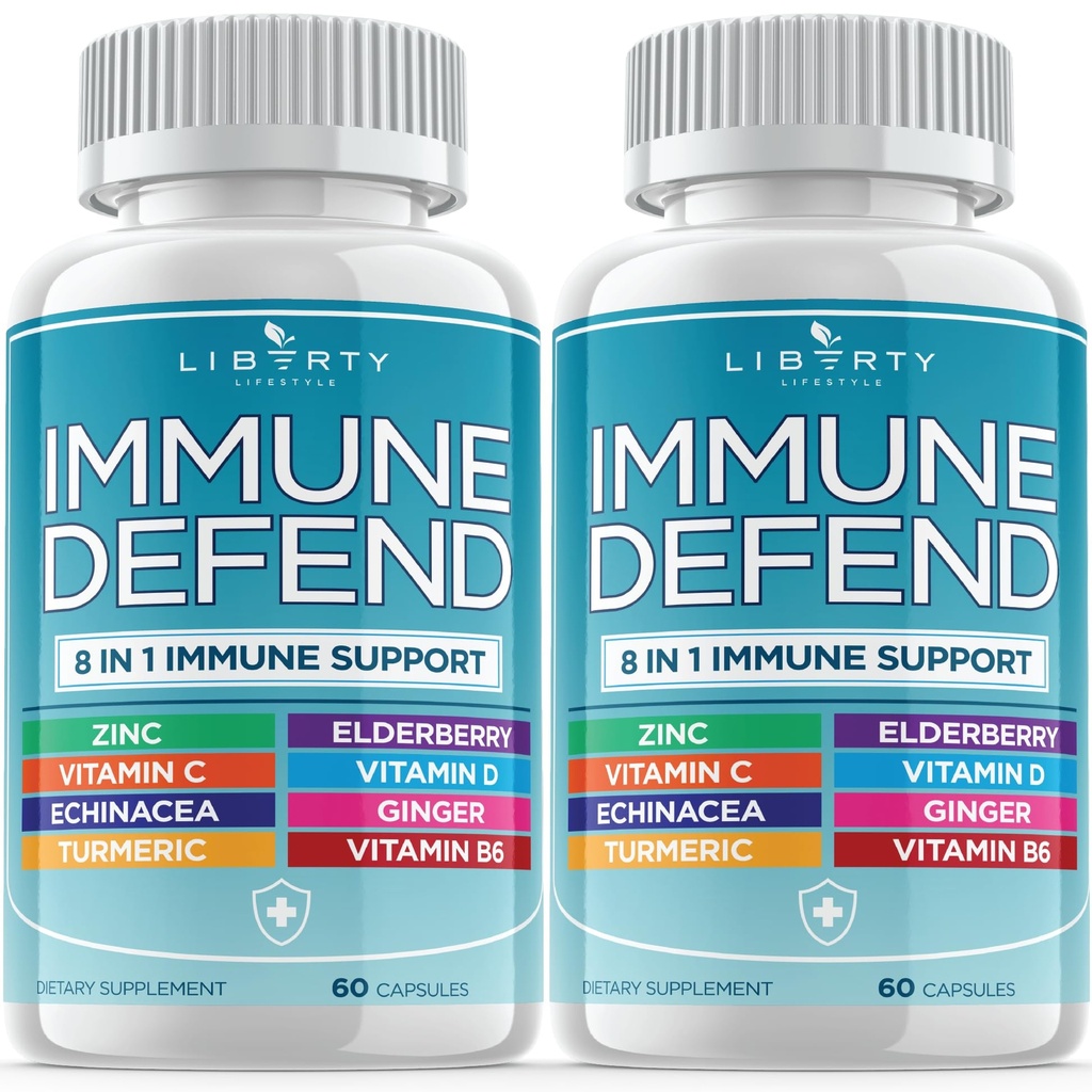 8 din 1 Imunity Defense Supplement Supplement Vitamine Imunity Booster cu Zinc 50mg, Vitamina C Elderberry Vit D3 5000 UI, Curcumin Turmeric & Ginger, Echinacea - Alergie Ajutor pentru copii Adulți (2 ambalaj)
