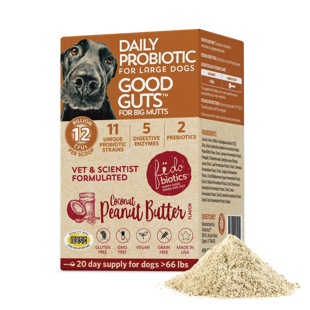Fidobiotice Bune Guts pentru Mutts Big Probiotic pentru câini, 12 miliarde CFU, 11 Strains, 5 Enzime digestive, 2 Prebiotice, Digestive Gut Health pentru câini, Adult & Puppy Probiotics Suplimente (20 zile)