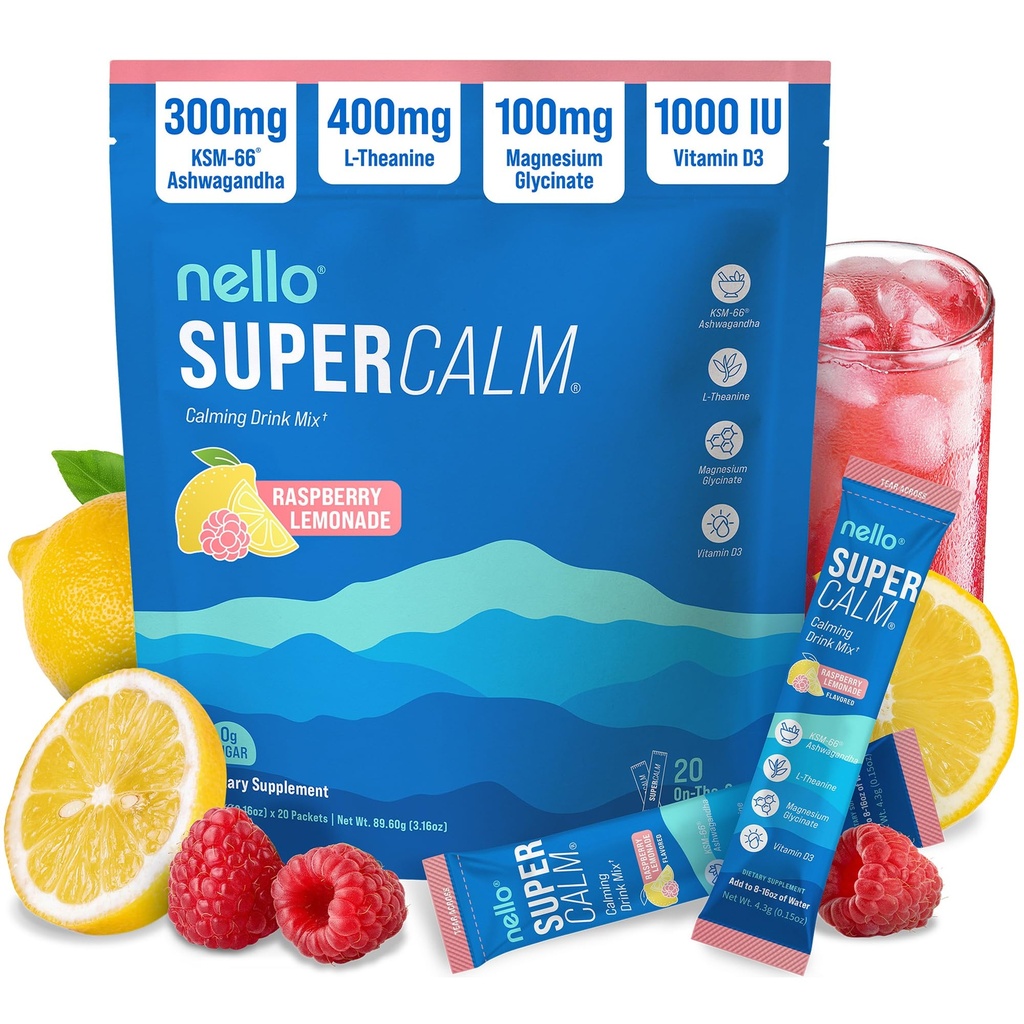 Nello Supercalm Powderd Drink Mix, Raspberry Lemonade, L Theanine, Ksm-66 Ashwagandha, Magneziu Glycinate, Vitamina D 3, Suplimente pentru relaxare și concentrare, Nu zahăr, Non OMG, Pe Go, 20 CT