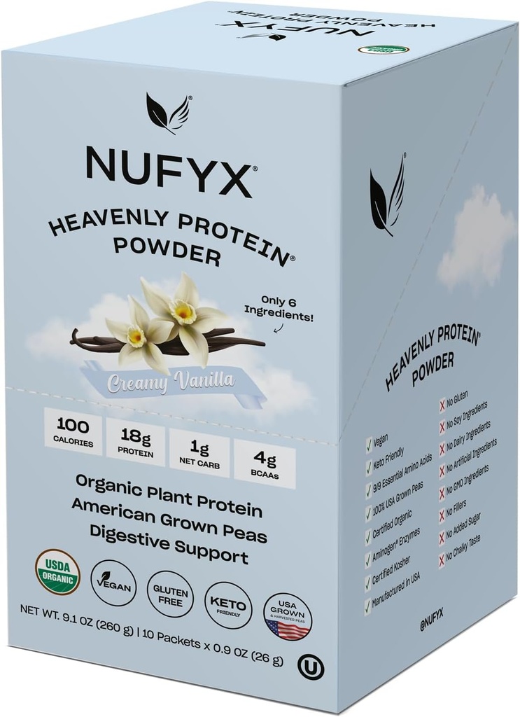 NUFYX® • Pudră Ceresc Proteina® • Lumea Finest 100% Organic Americanrown Mazăre • Vegan • Gluten gratuit • Carb scăzut (Creamy Vanilla, Cutie de 10 Pachete)