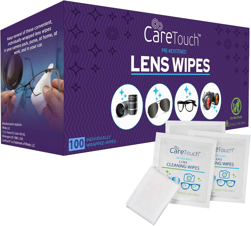 Care Touch Lens Şerveţele pentru ochelari- 100 Conte individual înfăşurat Şerveţele pre- umezite, 5 x 6 Inch- Camera Lens, Ochelari de soare şi ochelari mai curat,- Gentil şi portabil pentru curăţarea dispozitivelor optice