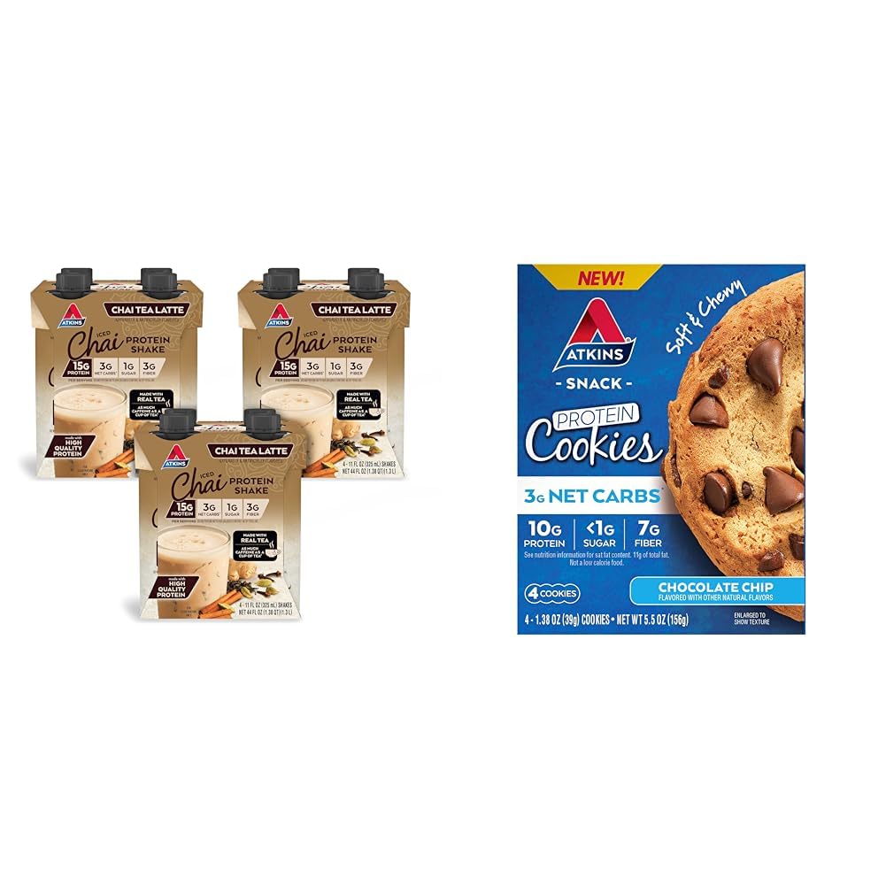 Atkins Chai Tea Latte Proteina Shake cu 15g Proteina, 3g Net carbohidrati, 1g zahar si Atkins ciocolata Chip Proteina Cookie cu 10g Proteina, 3g Net carbohidrati, 1g zahar, Keto Friendly, 4 Conte