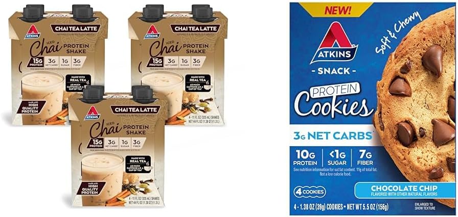 Atkins Chai Tea Latte Proteina Shake cu 15g Proteina, 3g Net carbohidrati, 1g zahar si Atkins ciocolata Chip Proteina Cookie cu 10g Proteina, 3g Net carbohidrati, 1g zahar, Keto Friendly, 4 Conte