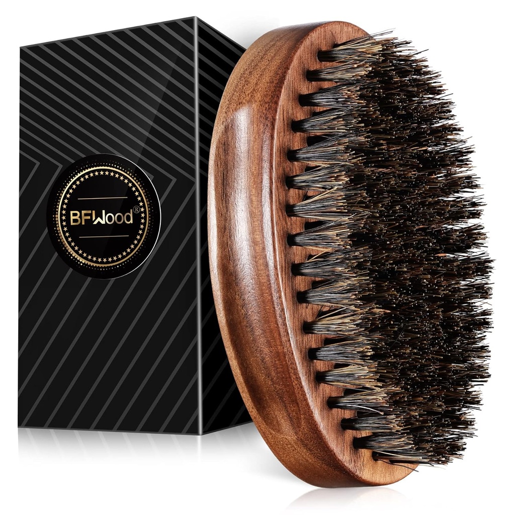 BFWood Boar Bristle Beard Brush - Black Wood Walnut Military Style, Men Mustață de lemn