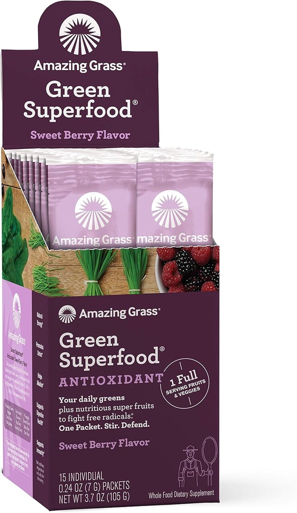 Super-oxidant Green Grass: Super Greens Powder cu Spirulina, Elderberry & Probiotics, Sweet Berry, 15 Servings