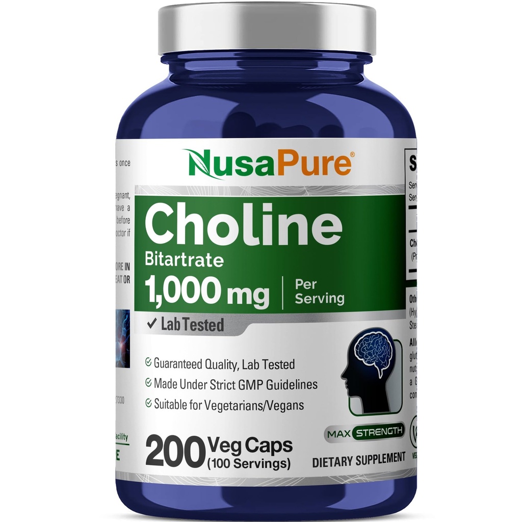 NusaPure Choline Bitartrate 1000 mg 200 Capsule vegetale (Vegan Vegetarian, Non-GMO)