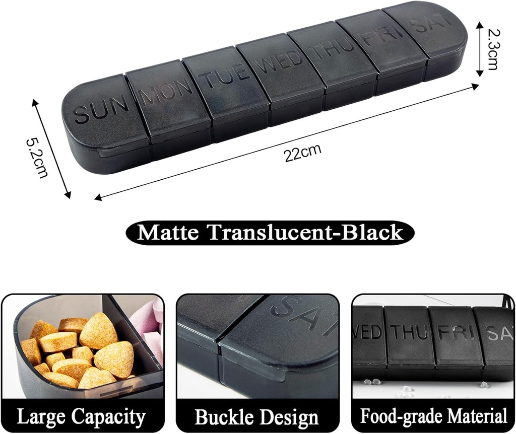 Organizator Pill Large, Săptămânal 7-Day Vitamine Case Dispenser, Matte Black, Travel Medicine Pastile Box Container pentru medicamente, medicamente și minerale, Suplimente, Ulei de pește, Capsule, Tablete