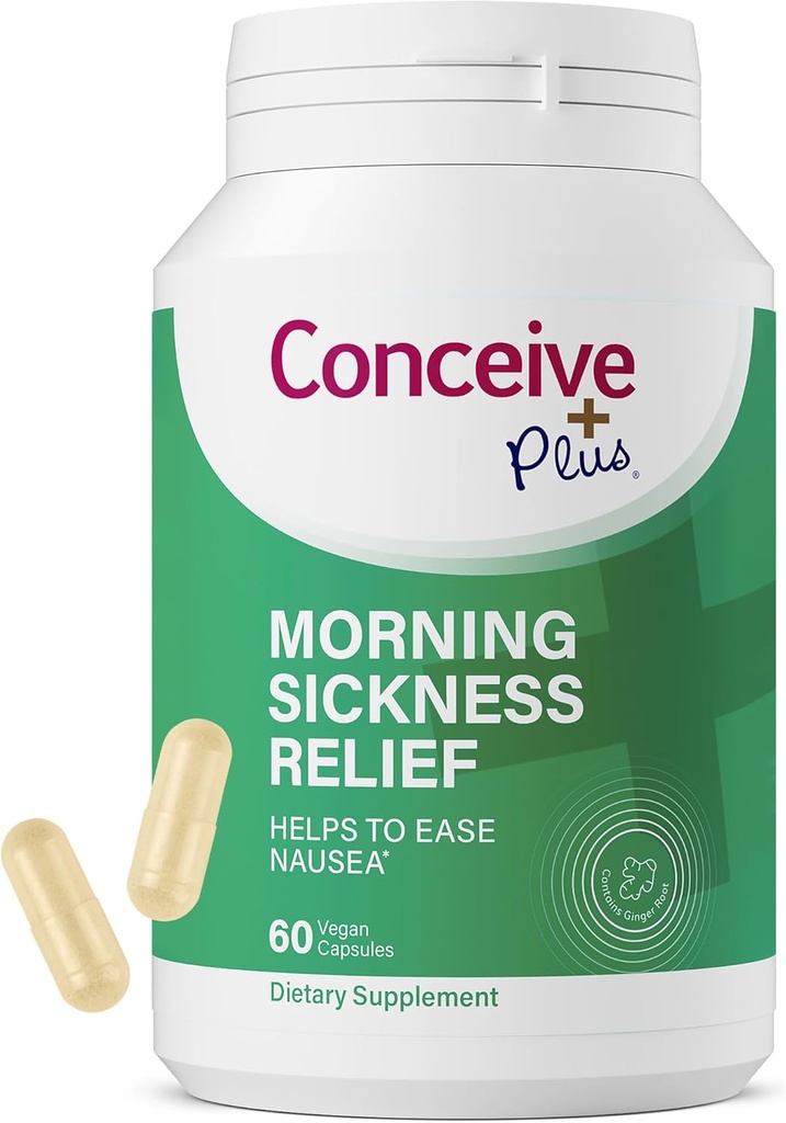 CONCEIVE PLUS Morning Backness Relief - Pur praf de ghimbir uscat - Ajutor de greață, mișcare și disconfort stomacal în timpul sarcinii - esențiale pentru a aștepta mame - non-GMO - 60 capsule Vegan