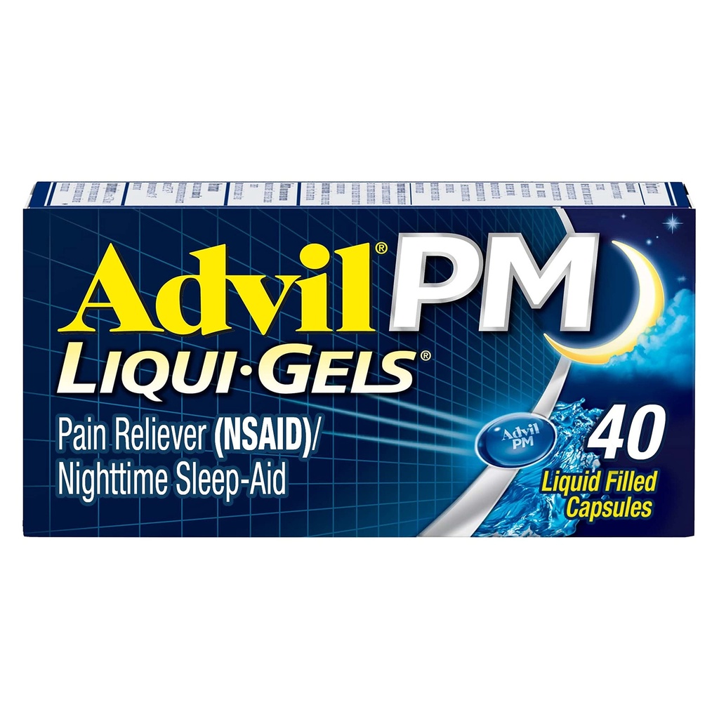 Advil PM Liqui-Gels Pain Relieiver și somn de noapte Ajutor, Pain Medicine cu Ibuprofen pentru calmarea durerii și difenhidramină HCL pentru un ajutor de somn - 40 capsule umplute cu lichid - Înapoi la colegiu