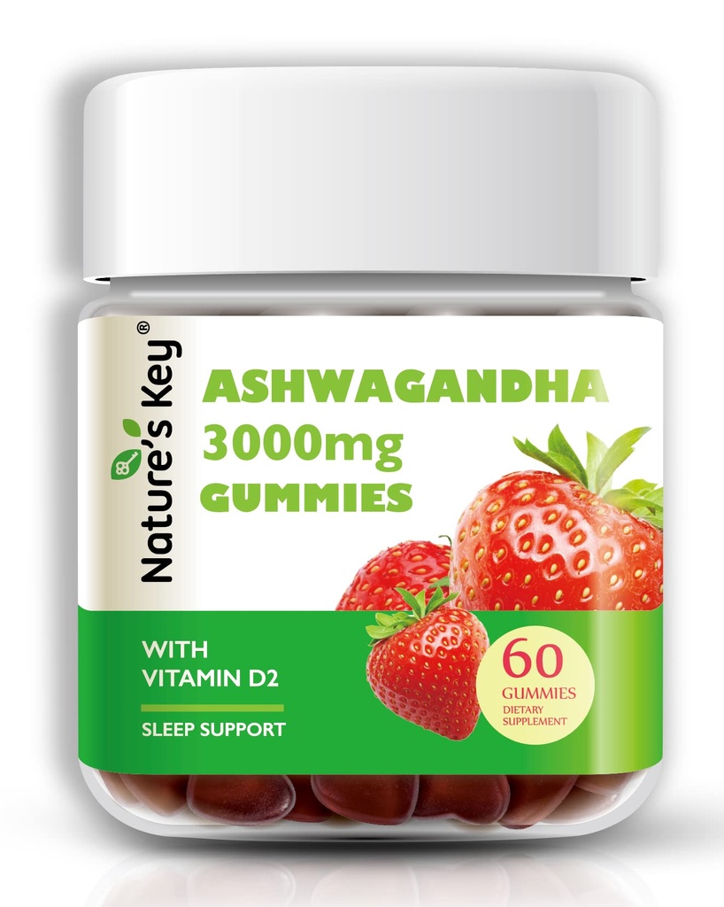 Cheie a naturii Ashwagandha Gummies, 3000 mg de mare potenta Ashwagandha extract de rădăcină cu vitamina D2, Stres, Calm Mood & Cognition, pentru bărbați și femei, Aroma de căpșuni (60 Count (Pachet de 1)