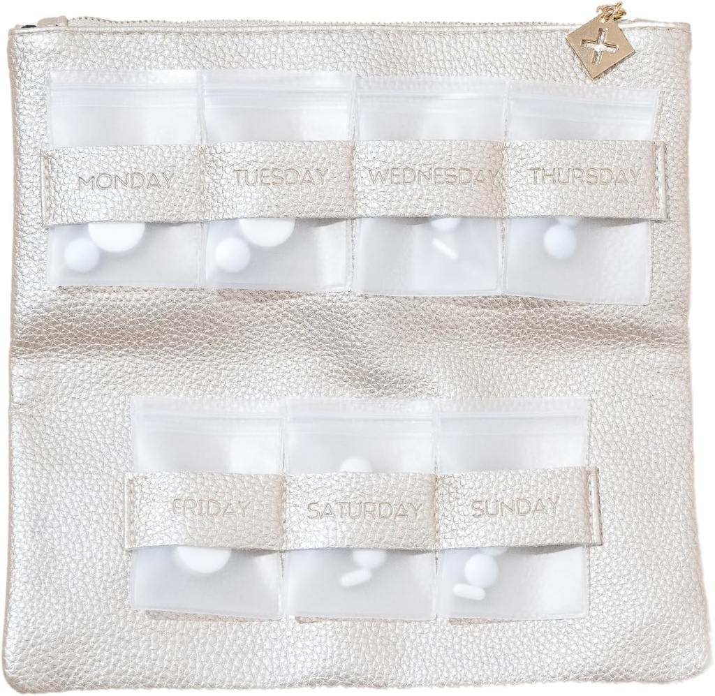 Aur dozat Era 7-Zi Pilula Purpurie - piele Vegan Daily Pill Organizator - Pochet de călătorie de lux, Pilula etanșe buzunare pentru Medicina Storage & Protectie - Sortator Pilula elegant & Medicina Organizator 