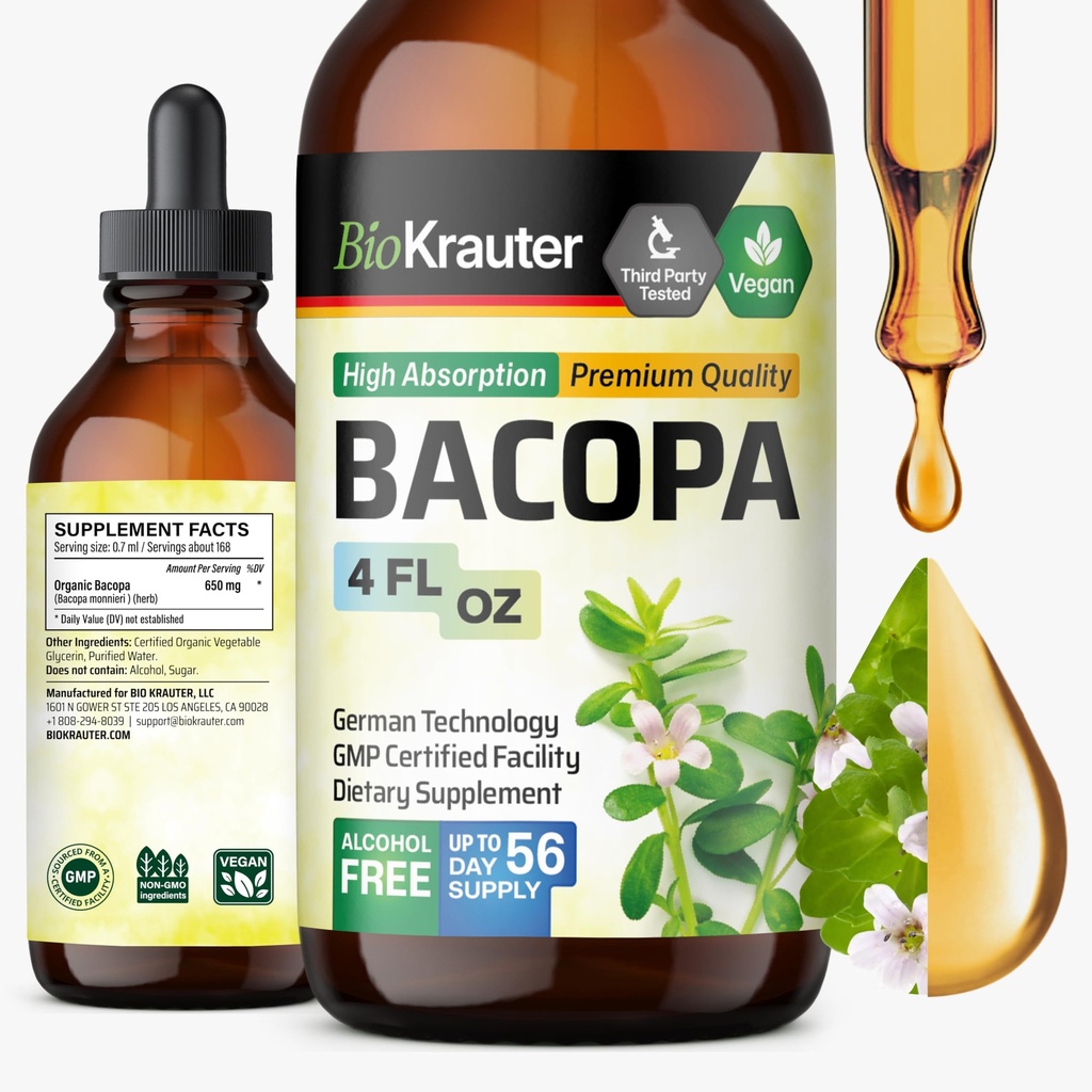 BIO KRAUTER Bacopa Monnieri Supliment lichid - Brahmi suport pentru creier - Alcool și zahăr gratuit Bacopa Herb picături 4 Fl.Oz.